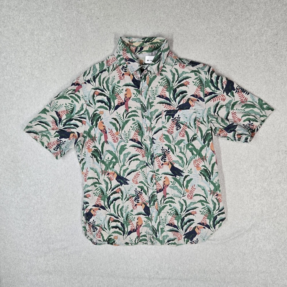 Mossimo Supply Co Men Button Up Shirt L Green Casual Shirt Floral Birds